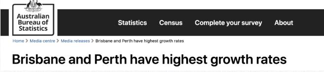 【澳洲·新闻】据澳大利亚统计局：2019-20布里斯班人口增长率全澳