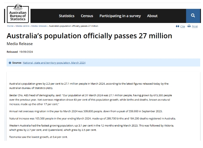新数据！澳大利亚人口突破2700W，海外移民功不可没！