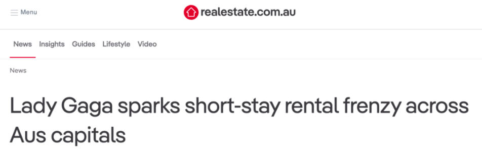 【澳洲·新闻】Lady Gaga澳洲巡演引爆租房热潮:悉尼民宿搜索量激增178%,三大城市房源告急